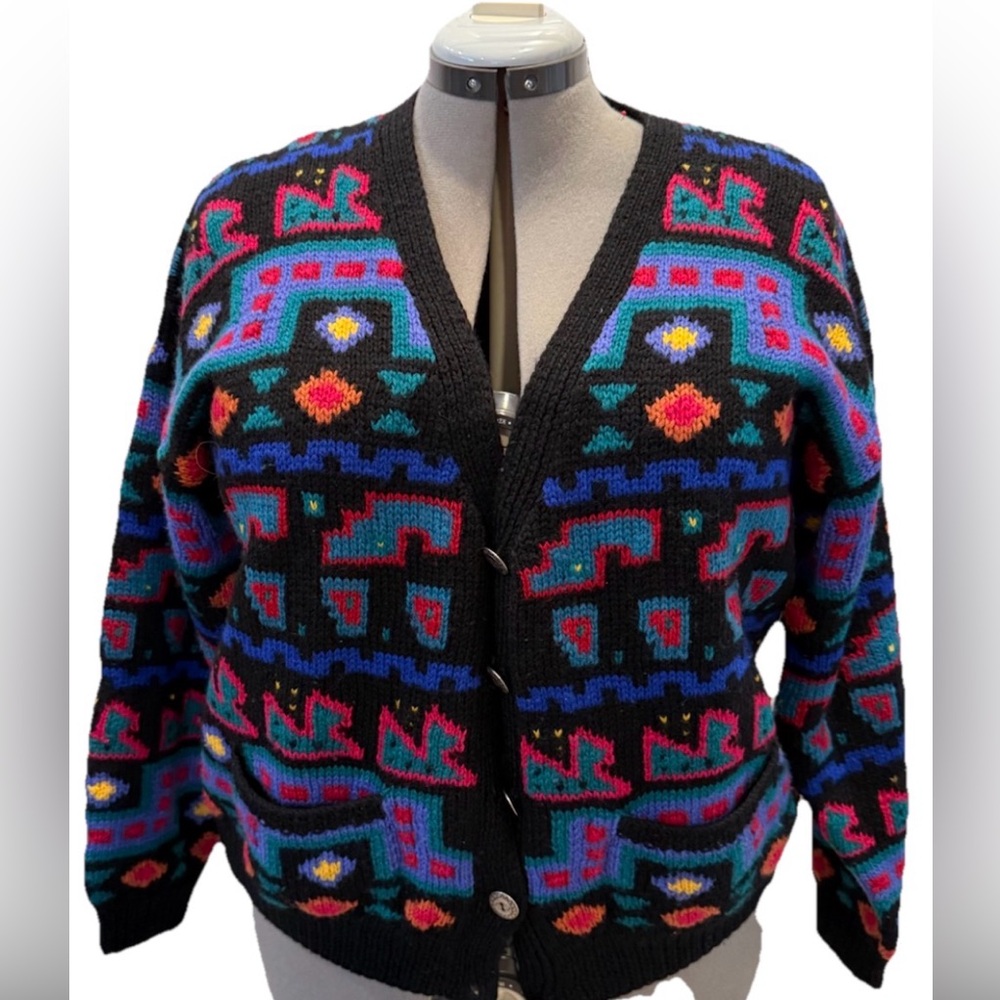 Vintage LL Bean wool knit cardigan sweater Hong Kong colorful‎ Sz Large pockets